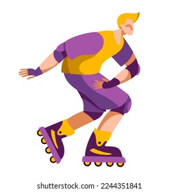 An athletic man in sportswear rides roller skates. A vivid illustration on the theme of summer sports.