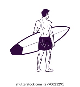 Athletic Man Standing Holding Surfboard Ready for Ocean Waves Minimalist Vector Art