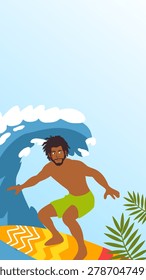 athletic man surfing inside giant rolling blue ocean wave