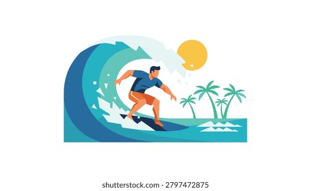 Athletic man surfing on a huge tropical wave under a bright sun next to sandy beaches with green palm trees.