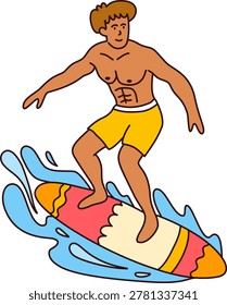 Athletic man surfing on wave with colorful surfboard board