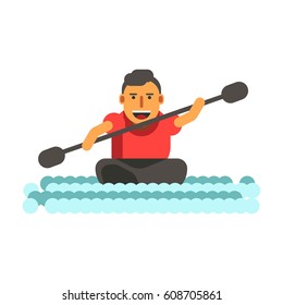 Athletic man swims on black single-seat kayak canoe isolated with river waves. Sports male in red t-shirt holding dark paddle. Vector illustration of summer sport activity in flat cartoon design.
