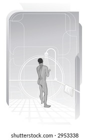 hombre atlético duchándose en el baño, ilustración vectorial
