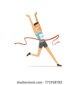 Athletic man taking part in running competition. Guy in shorts and t-shirt with number. Sportsman character crossing finish red tape. Isolated flat vector