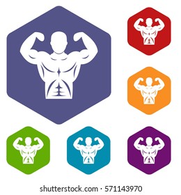 Athletic man torso icons set rhombus in different colors isolated on white background