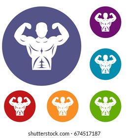 Athletic man torso icons set in flat circle reb, blue and green color for web