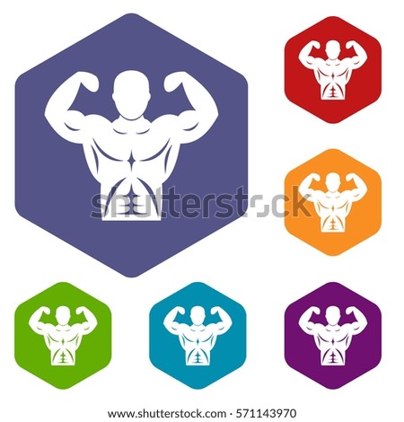 Athletic man torso icons set rhombus in different colors isolated on white background