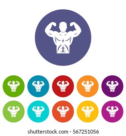 Athletic man torso set icons in different colors isolated on white background