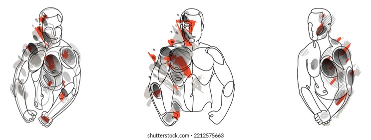El atlético torso vectorial ilustraciones lineales set, belleza masculina con perfecto ajuste muscular de cuerpo posando, dibujos artísticos del modelo de fitness.