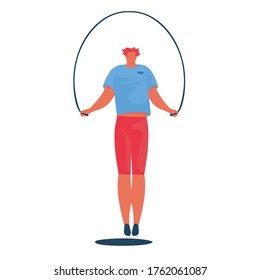 Athletic man training with jump rope, engaged in physical exercise. Person exercising at modern gym enjoying sport activity.  Vector flat illustration.