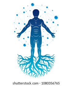 Athletic man vector illustration created with mesh wireframe connections and tree roots. Impact of molecular biotechnology innovations on human health.