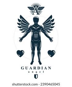 Athletic man vector illustration isolated on white. Guardian angel, Holy Spirit concept.