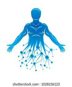 Athletic man vector illustration made using futuristic molecular connections. Human as the object of biochemistry research, genetic engineering.