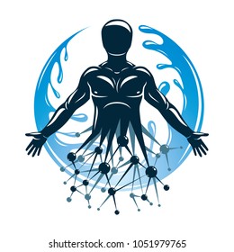 Athletic man vector illustration made using futuristic molecular connections and surrounded by a water ball. Eco friendly technology, renewable alternative energy concept.