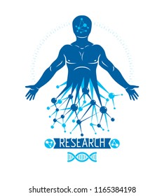 Athletic man vector illustration made using futuristic molecular connections. Human as the object of biochemistry research, genetic engineering.