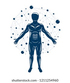 Athletic man vector illustration made using futuristic molecular connections. Human as the object of biochemistry research, genetic engineering.
