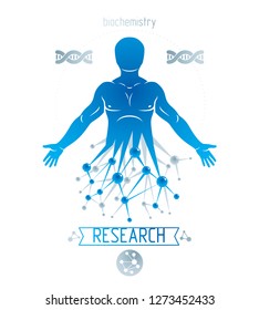 Athletic man vector illustration made using futuristic molecular connections. Human as the object of biochemistry research, genetic engineering.