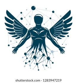 Athletic man vector illustration made with wireframe mesh connections and bird wings. Biotechnology in medicine.