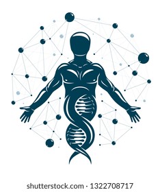 Athletic man vector illustration made using DNA symbol and futuristic molecular connections. Human as the object of biochemistry research, genetic engineering.