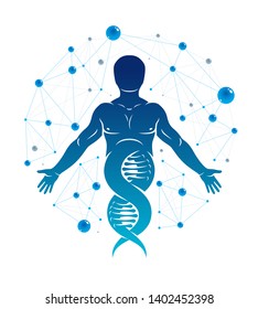 Athletic man vector illustration made using DNA symbol and futuristic molecular connections. Human as the object of biochemistry research, genetic engineering.