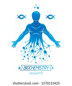 Athletic man vector illustration made using futuristic molecular connections. Human as the object of biochemistry research, genetic engineering.