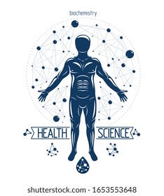 Athletic man vector illustration made using futuristic molecular connections. Human as the object of biochemistry research, genetic engineering.