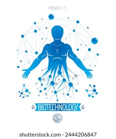 Athletic man vector illustration made using futuristic molecular connections. Human as the object of biochemistry research, genetic engineering.