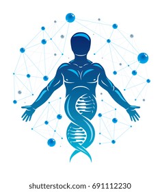 Athletic man vector illustration made using DNA symbol and futuristic molecular connections. Human as the object of biochemistry research, genetic engineering.