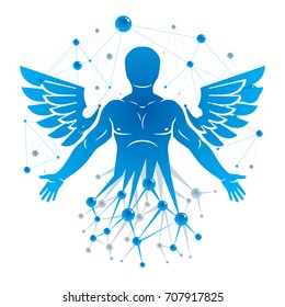 Athletic man vector illustration made with wireframe mesh connections and bird wings. Biotechnology in medicine.