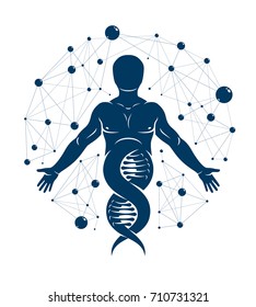 Athletic man vector illustration made using DNA symbol and futuristic molecular connections. Human as the object of biochemistry research, genetic engineering.