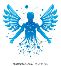 Athletic man vector illustration made with wireframe mesh connections and bird wings. Biotechnology in medicine.