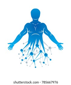 Athletic man vector illustration made using futuristic molecular connections. Human as the object of biochemistry research, genetic engineering.