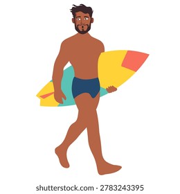 athletic man walking on beach shore carrying yellow surfboard