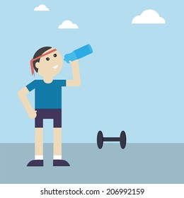 Athletic man with water bottle after his exercising outdoor,vector healthy concept