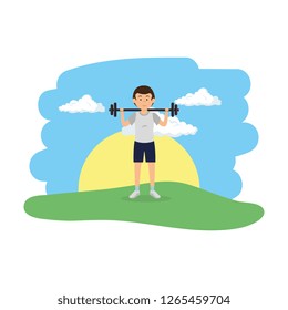 athletic man weight lifitng in the camp