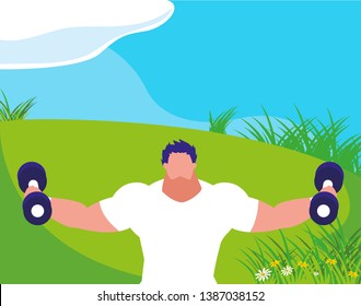athletic man weight lifting in the camp