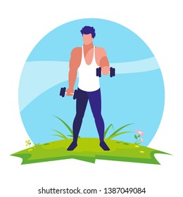 athletic man weight lifting in the camp