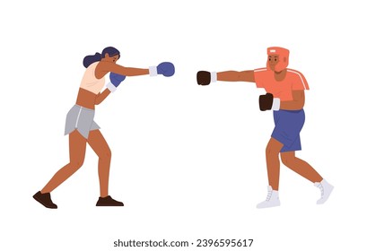 Athletic man and woman boxer cartoon characters set training fighting enjoying sport combat