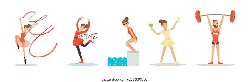 Athletic Man and Woman Character Enjoy Sport Activity Vector Set
