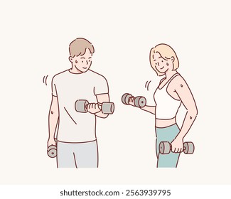 Athletic man and woman with a dumbells. Hand drawn style vector design illustrations.	