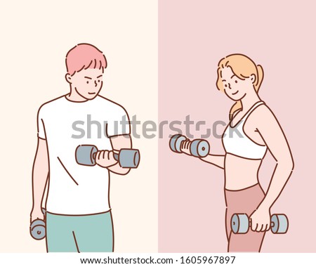 Athletic man and woman with a dumbells. Hand drawn style vector design illustrations.