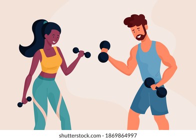 Athletic Man And Woman Exercising With A Dumbells. Flat Cartoon Vector Illustrations