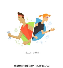Athletic man and woman flat illustration. Flat health and sport vector symbol
