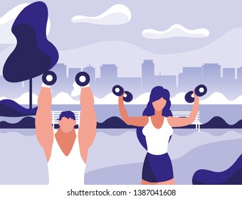 athletic man and woman weight lifting in the park