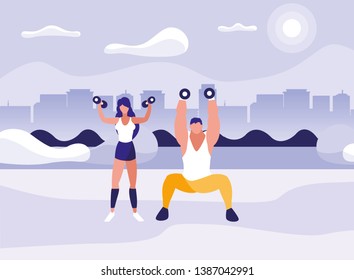 athletic man and woman weight lifting in the park