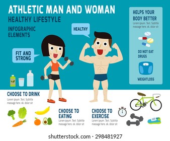 athletic man and woman,infographic elements, health concept, vector flat icons design, illustration, fitness,exercise,healthy food,