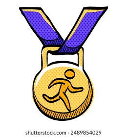 Athletic medal halftone icon hand drawn color vector illustration