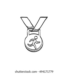 Athletic medal icon in doodle sketch lines. Sport sprinter triathlon marathon prize