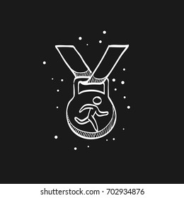 Athletic medal icon in doodle sketch lines. Sport sprinter triathlon marathon prize