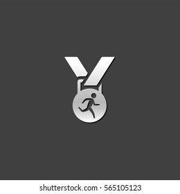 Athletic medal icon in metallic grey color style. Sport triathlon marathon